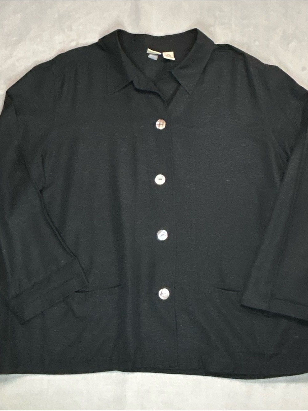 Silk Jacket Womens 1X Black 100% Raw Silk Boxy Button Front Pockets Lagenlook